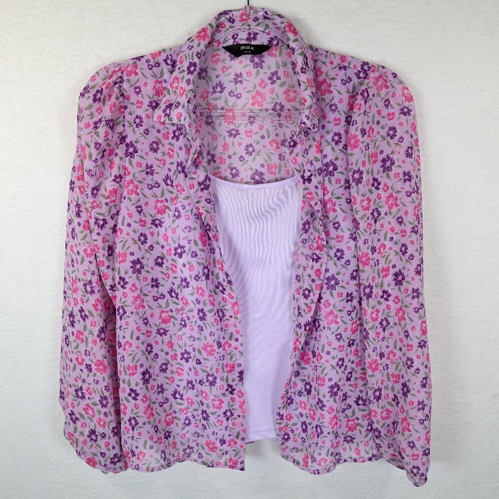 max‎ Lilac Purple and Pink Floral Sheer Button Up with Tank Shell Size M